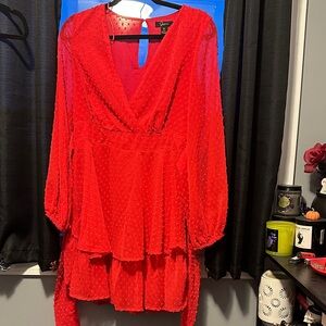 Red Textured Ruffle Mini Dress